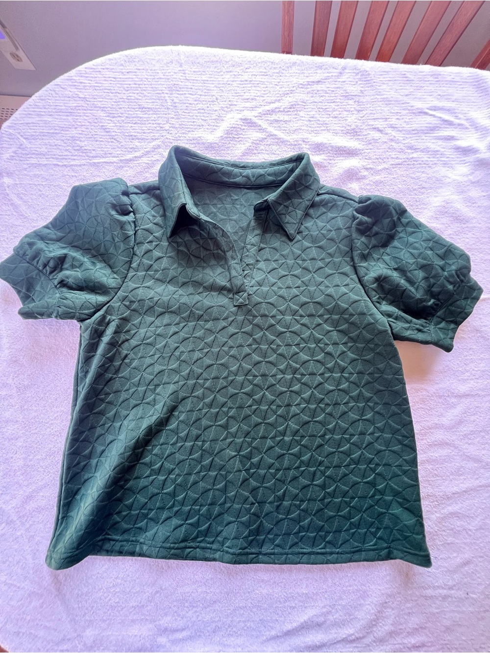 Women's Quilted Puff-Sleeve Polo Top in Dark Green